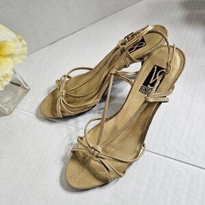 VS Victoria Secret Cage Strappy Gold Fabric Upper MARLENE Womens 6.5 Heel